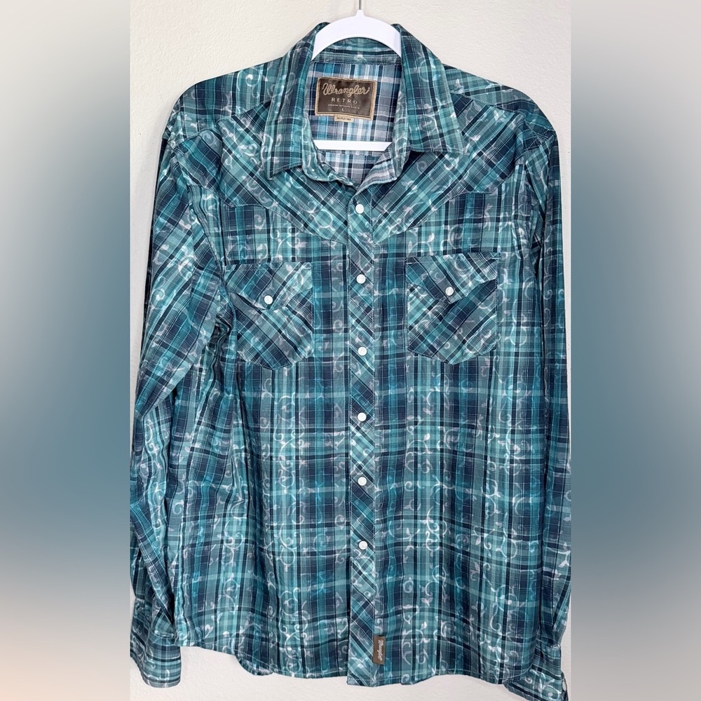 Wrangler Western  Retro Premium  Teal Blue Long Sleeve Snap Men L